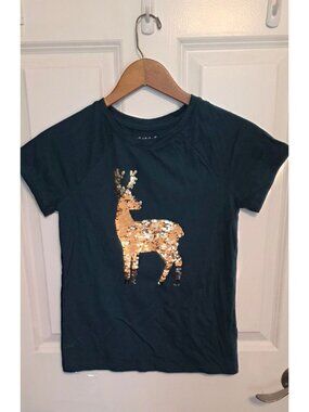 Cat & Jack Youth Large Green Sparkly Reindeer Holiday Christmas T-Shirt Cute